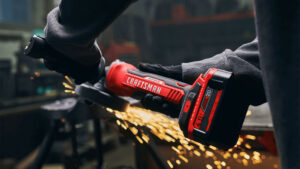 A Craftsman customer uses a grinder to sand down metal in this e-commerce explainer video created by Unconquered.
